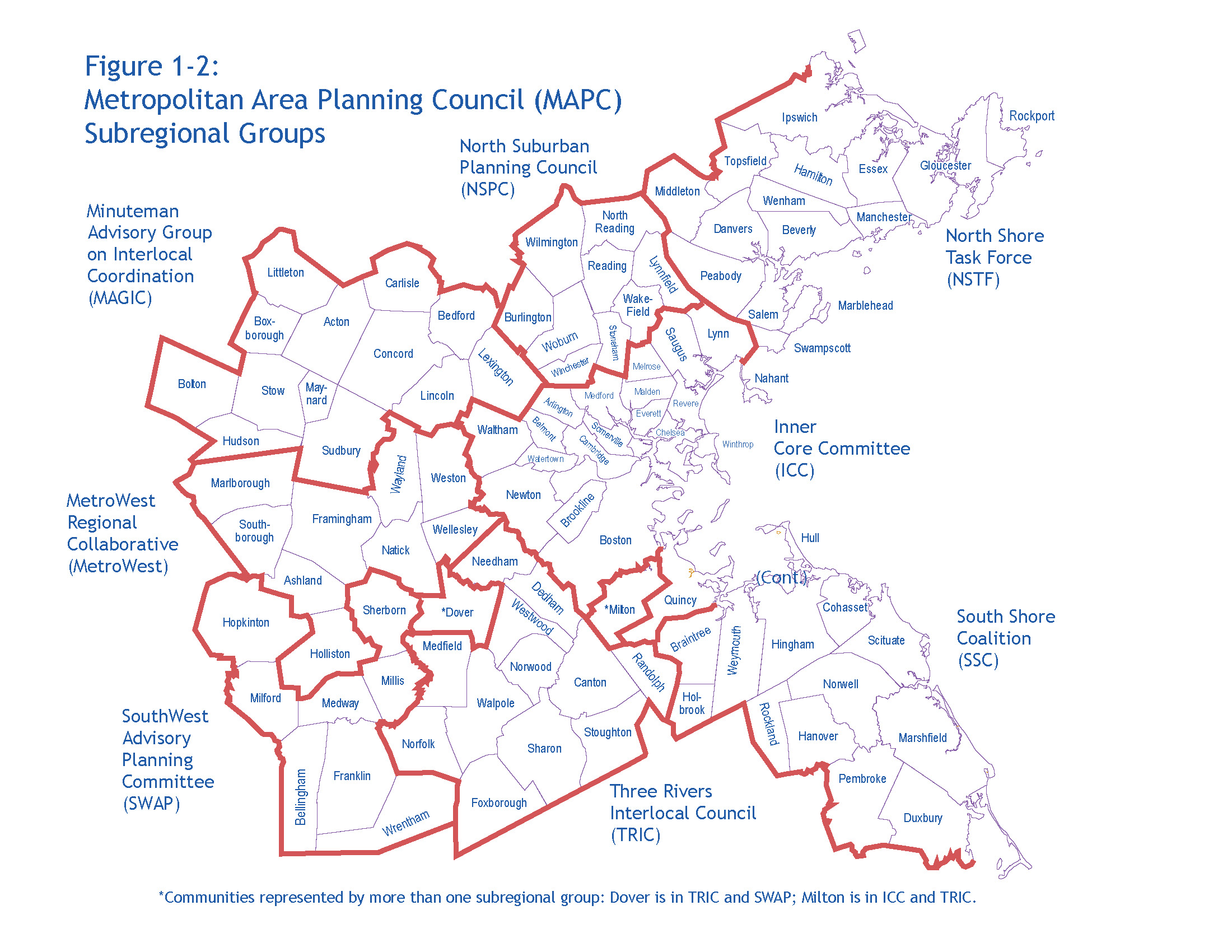 This map shows how the 101 municipalities in the Boston Region MPO region are located in eight MAPC subregions, which are represented by subregional groups. These subregional groups include the Inner Core Committee (ICC), the MetroWest Regional Collaborative (MetroWest), the Minuteman Advisory Group on Interlocal Coordination (MAGIC), the North Suburban Planning Council (NSPC), the North Shore Task Force (NSTF), the South Shore Coalition (SSC), the SouthWest Advisory Planning Committee (SWAP), and the Three Rivers Interlocal Council (TRIC). Two communities are represented by more than one subregional group; Dover is in TRIC and SWAP, and Milton is in ICC and TRIC.